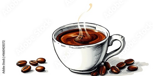 A steaming cup of coffee, ink sketch style, hand-drawn details, coffee beans subtly present, line art, espresso