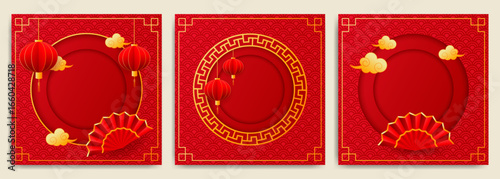 Chinese New Year background set. Red and gold festive frames with lanterns, clouds and fans. Traditional square templates for cards, posters, social media and promotions.