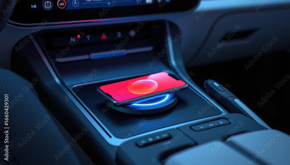 Obraz premium Smartphone wireless charging car interior technology modern dashboard create futuristic atmosphere in this vehicle interior