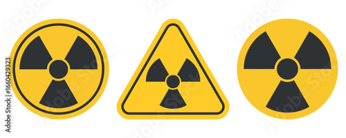Radiation warning signs set. Nuclear danger symbols in yellow and black color. Hazard alert icons for safety, toxic risk, radioactive materials, nuclear energy, science, industry