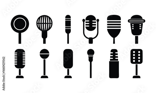 Vector art of collection of various microphone icons in silhouette, representing different styles from vintage to modern, isolated on a for audio and music related concepts