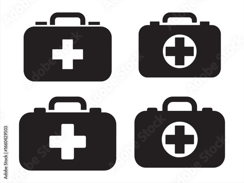 First Aid Kit Icons Collection of Emergency Medical Supplies and Health Care Equipment in Black Silhouette Style