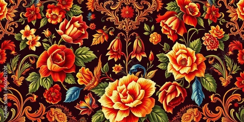Rich, ornate French tapestry background; opulent baroque floral design, vibrant colors,  background,  vintage