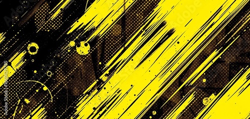 Abstract black yellow brushstrokes, halftone dots, vibrant energy, style, impactful