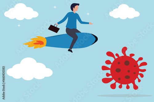 Boost growth development to reach target, Success achievement, entrepreneur start new business, businessman flying in the sky over the virus. Business people riding rocket, startup.