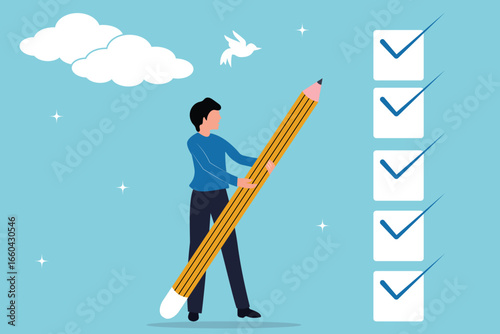 Project tracking, Criteria checklist report, businessman project manager tick project checklist progress.  Complete checkbox, finish work, to do list or task done, businessman put tick with pencil.