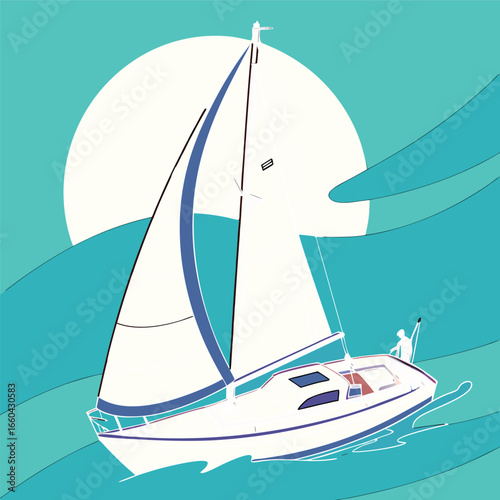 Illustration of a sailboat sailing on the ocean with the sun in the background