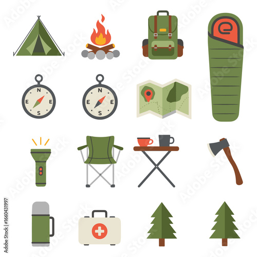 Collection of camping equipment icons, including tent, campfire, sleeping bag, compass, map, flashlight, chair, table, axe, thermos, first-aid kit, and evergreen trees.