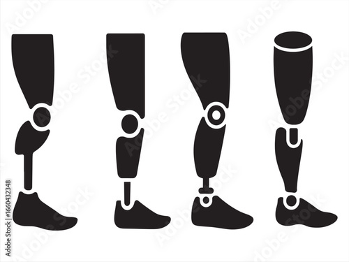 Diverse prosthetic leg silhouettes showcasing different designs and technologies for mobility assistance and rehabilitation illustrating medical advancements for amputees