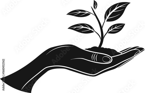 Illustration of a hand holding a growing plant, symbolizing environmental care