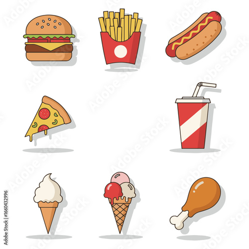 A collection of illustrated fast food items, including burgers, fries, and ice cream.