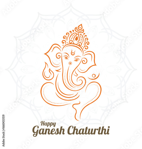 Lord Ganesha line art illustration, minimal hindu deity vector, abstract ganpati drawing with mandala background for ganesh chaturthi celebration