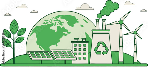 Vector art of green earth illustration with renewable energy sources promoting sustainability and environmental awareness