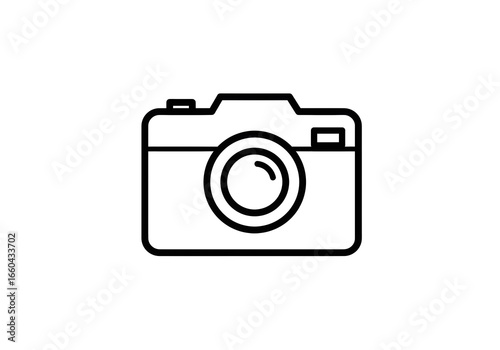 Modern Camera Icon in Minimalist Black Line Art Style on a Clean White Background.