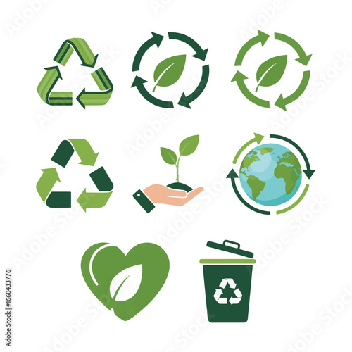 Collection of green ecology and recycling themed icons, including recycle symbols, a seedling in a hand, globe with arrows, heart with leaf, and a trash can.