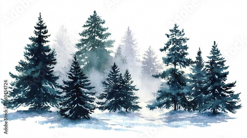 Detailed Watercolor Illustration of Coniferous Spruce Trees in Nature