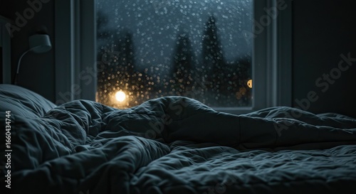 A made bed dominates the foreground with a window revealing rainblurred lights outside