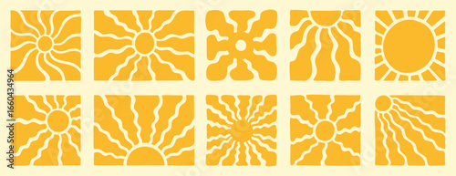 Retro groovy sun set. Yellow vector wavy geometric sunshine 60s, 70s. vintage style. abstract background in hippie style for logo, print, poster, social media