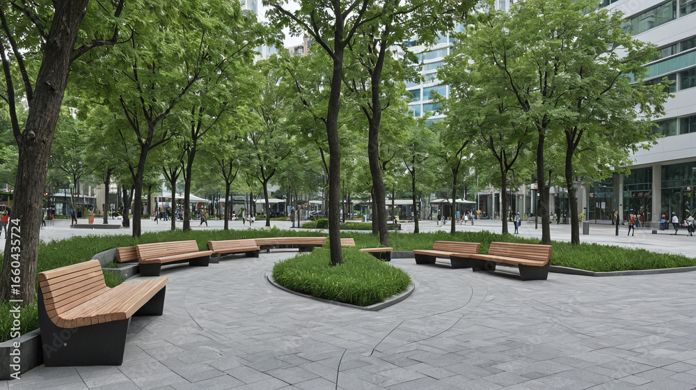 Fototapeta premium Curving Benches and Lush Green Trees in a Modern City Plaza