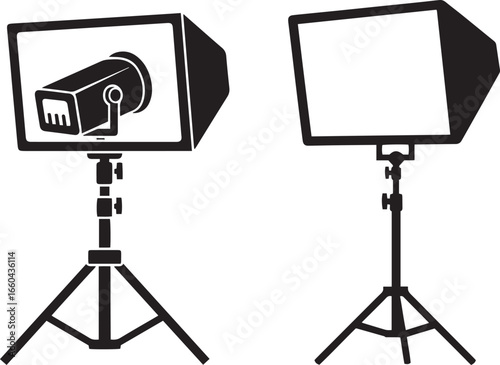Professional Photography Softbox Lights on Tripod Stand, Studio Lighting Equipment Vector Illustration, Video Shoot, Portrait Setup, Minimal Silhouette Design