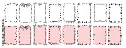 hand drawn doodle pink cute borders for wedding invitation with bows, quirky trendy whimsical frames for girl birthday, wavy borders. Empty cute line frames