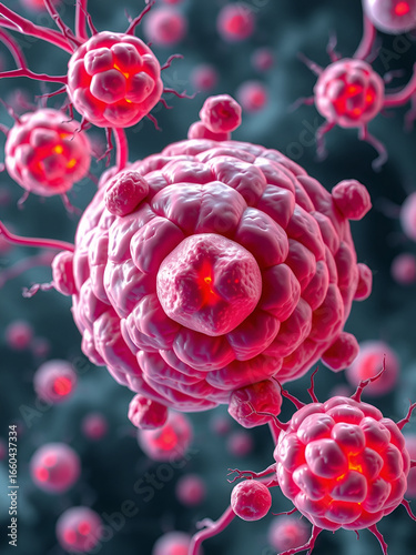 Tumor, cancer cell treatment. Tumors are killed by chemotherapy and radiotherapy. Various tumors in human organs, covered with vascular network, tumor environment, oncology 3D animation.