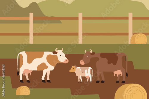 Farm scene with three cows and hay bales behind a fence