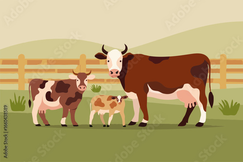 A family of cows and a calf stand in a grassy field with a wooden fence