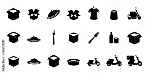 Silhouette Icons Set of Food delivery and kitchen tool icons with takeout boxes, food trays, chef hats, forks, and delivery scooters