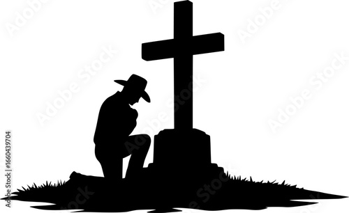 Cowboy Praying at Memorial Cross
