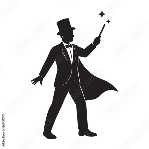 Magician Silhouette with Wand and Cape Performing Magic Trick