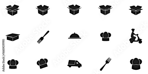 Silhouette Icons Set of Food delivery and kitchen tool icons with takeout boxes, food trays, chef hats, forks, and delivery scooters