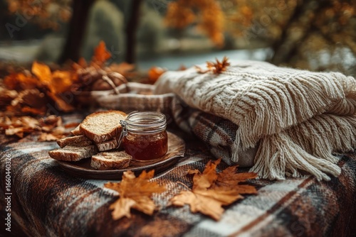 Cozy autumn picnic scene with bread, jam, and warm blanket