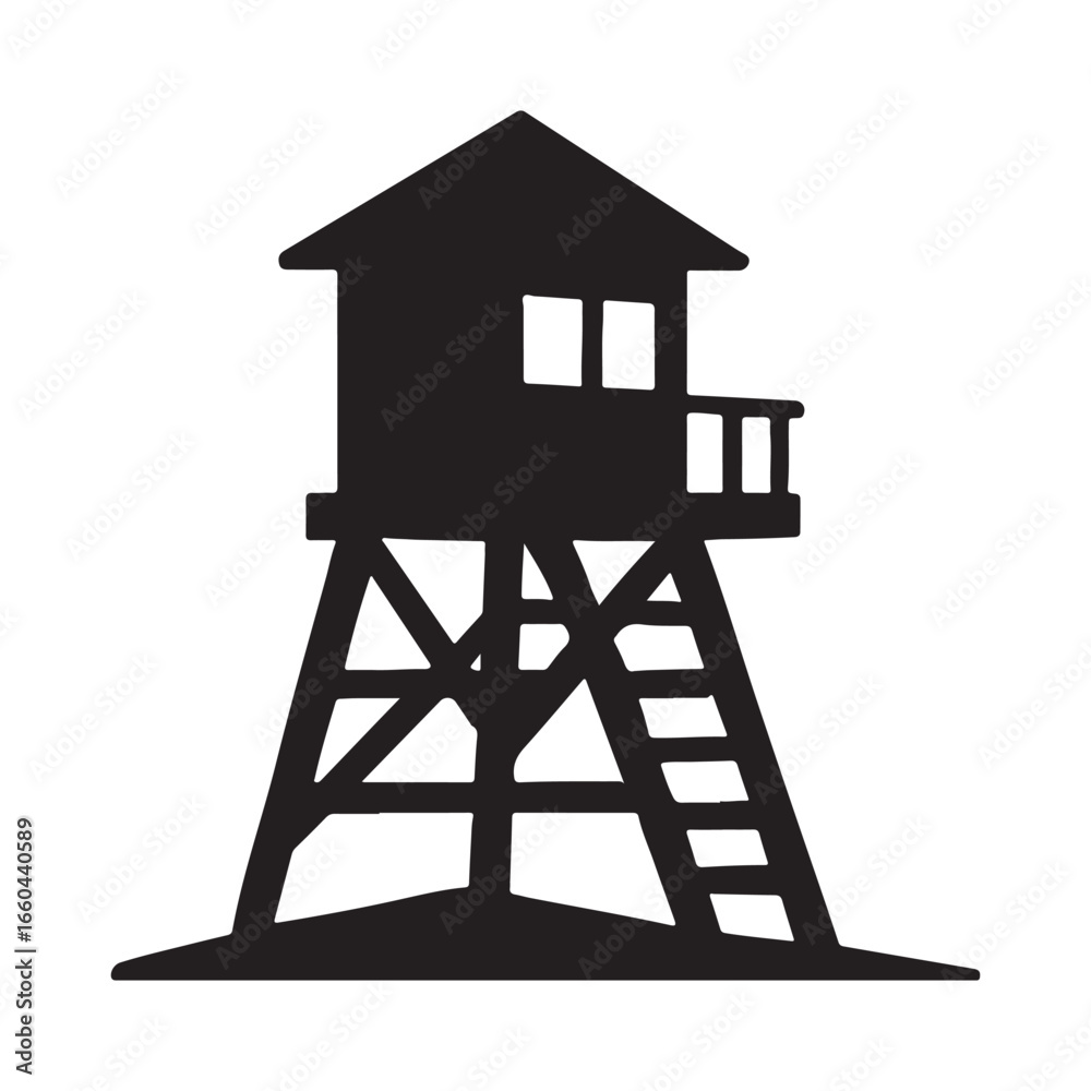 Naklejka premium Guard Watch Tower Icon Silhouette Elevated Platform