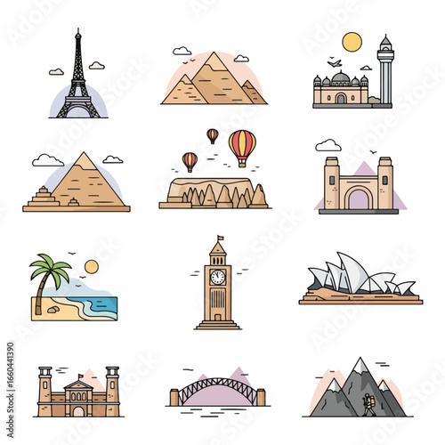 Collection of illustrated travel icons featuring famous landmarks and monuments from around the world.