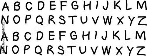 Hand-drawn uppercase alphabet letters A–Z in black ink, displayed in a playful doodle style with slight variations, ideal for design and education projects.