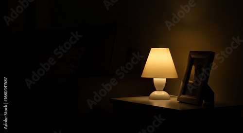 Lit lamp on a nightstand illuminates a photo frame casting a warm glow in the darkness of a room