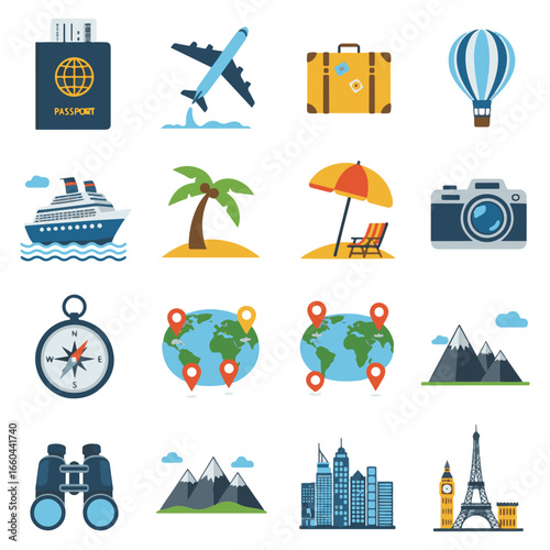 A collection of travel-themed icons including a passport, airplane, suitcase, hot air balloon, cruise ship, island, beach, camera, compass, world map, mounta...