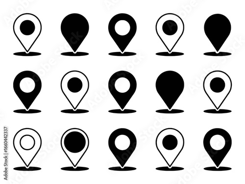 Collection of 15 Black and White Location Pin Icons with Shadows