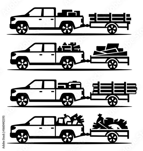 Pickup with Construction Materials SVG, Pickup Truck with Trailer SVG, Cargo and Load SVG