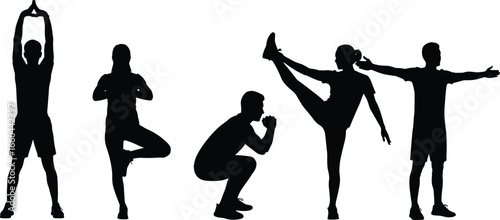 PrintSilhouettes of people performing stretching, squatting, and balance exercises in various fitness poses for wellness, flexibility, and training vector illustration