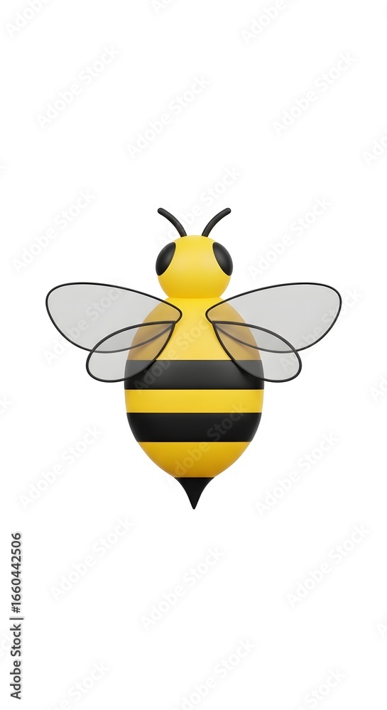 Obraz premium Sleek 3D Cartoon Bee with Glossy Stripes and Translucent Wings on a White Background.