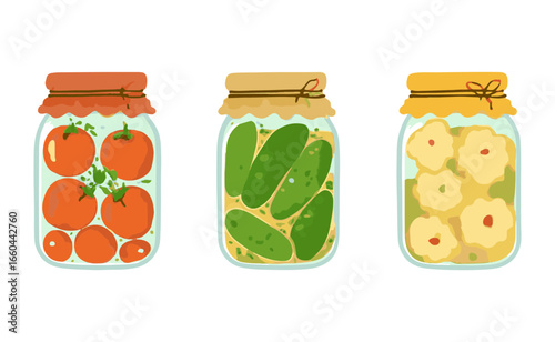 Homemade canned food: cans of tomatoes, cucumbers and zucchini