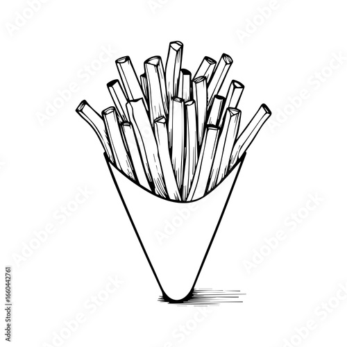 French fries outline, black and white illustration of portions in a deep fryer bag for menu and packaging.