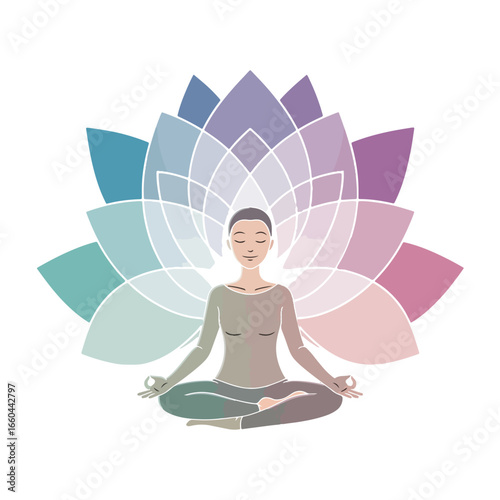 A woman is meditating in a lotus position with a large, stylized, multi-colored lotus flower behind her.