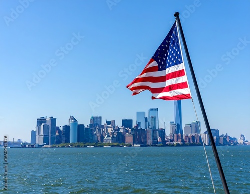 American flag waving over New York City skyline
