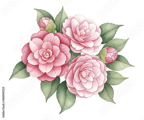 Camellia flowers and buds vector bouquet illustration. Pink petals and green ...