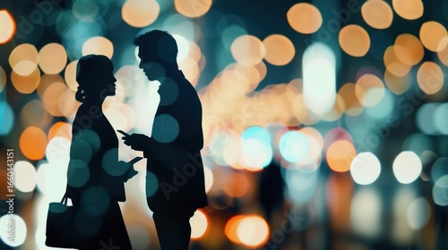 Silhouette of couple conversing in city at night
