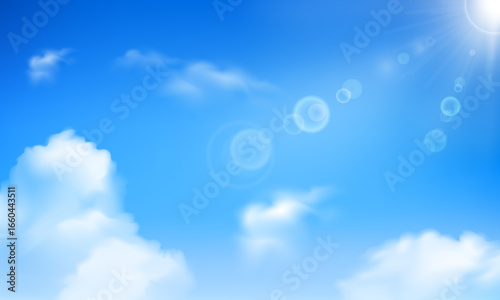 Bright blue sky with fluffy white clouds and bright sunlight with lens flare effect, sunny summer background for nature, weather and atmosphere design. Vector illustration.