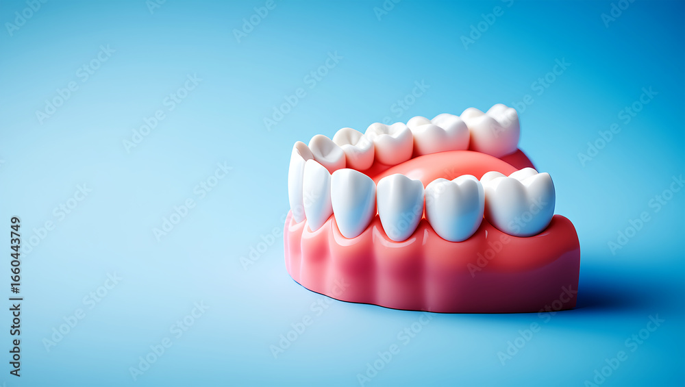 Obraz premium White teeth model on pink gums against blue background dental